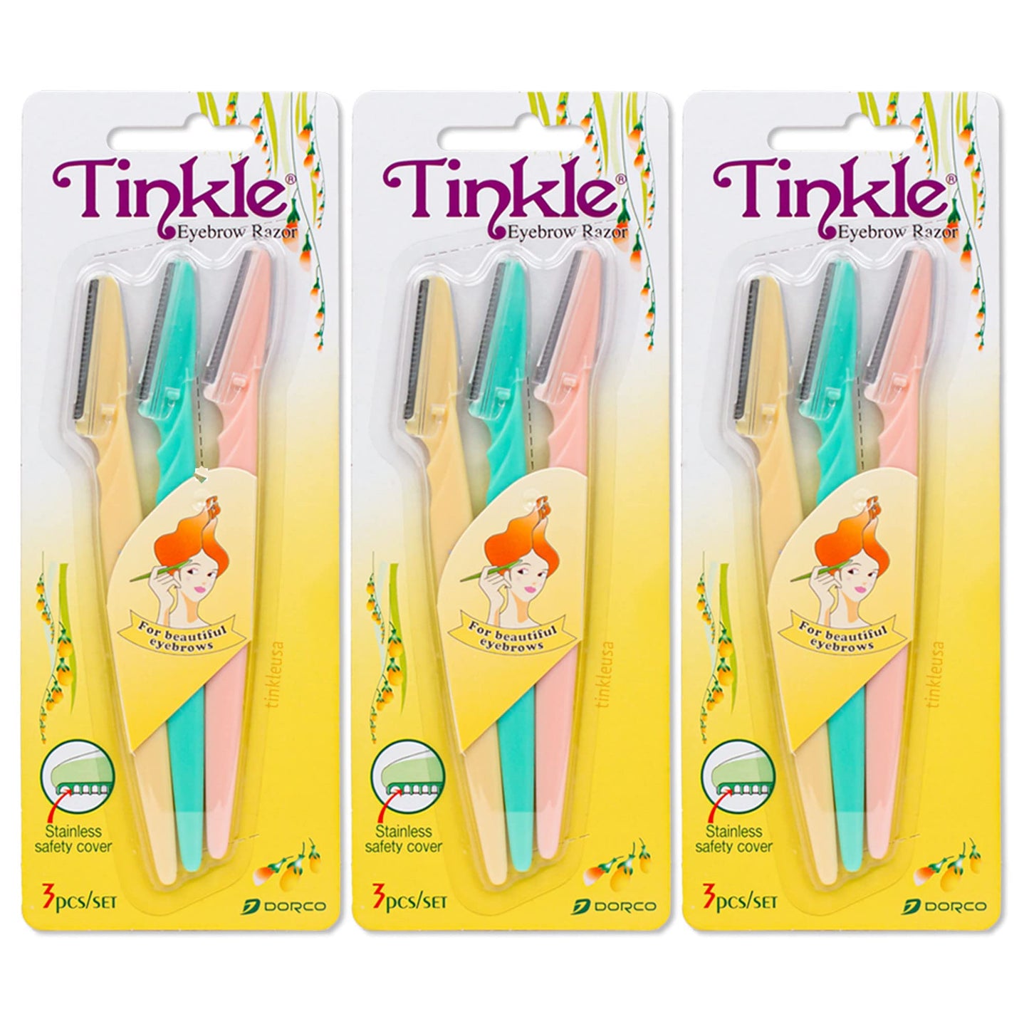 Dorco Tinkle Eyebrow Razor, 3pc x 3pack (9 PCS)