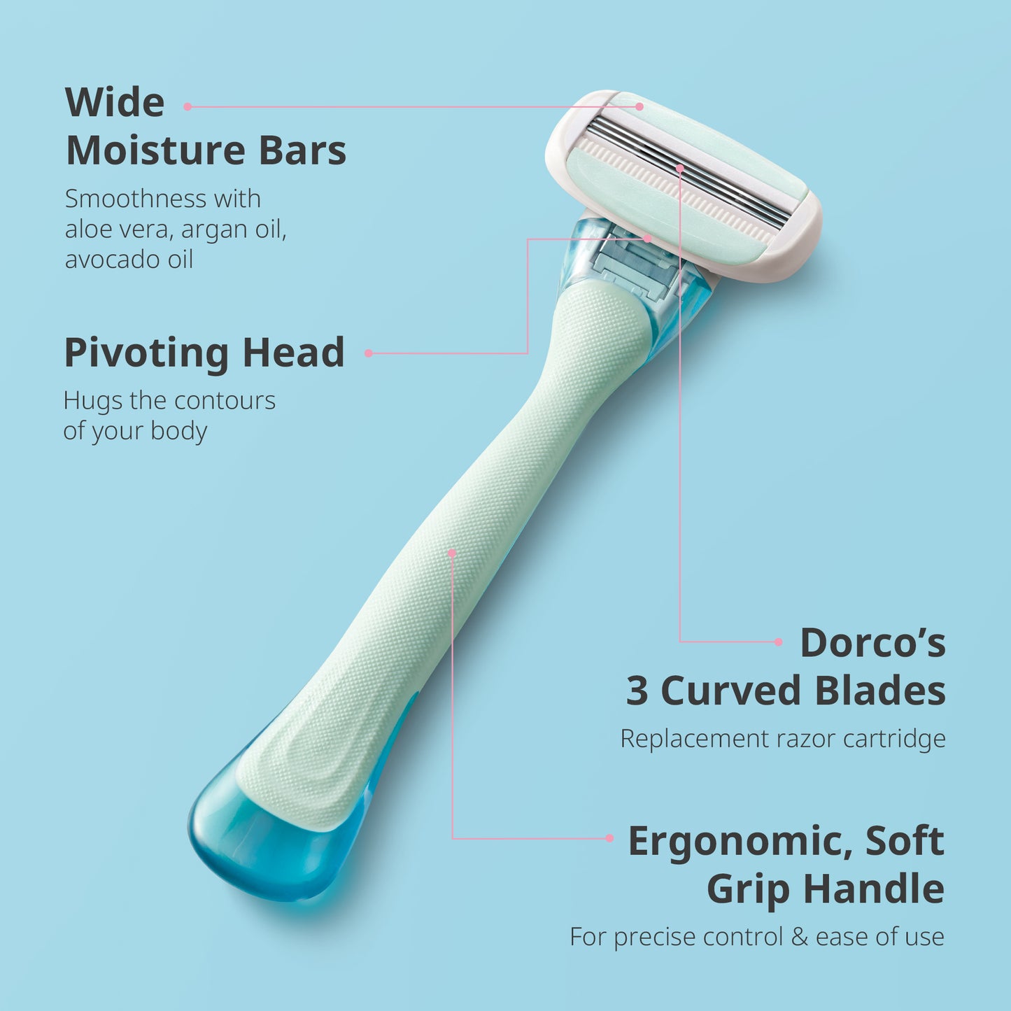 Dorco Eve 3 Razor for Women, 1 Handle + 2 Cartridges