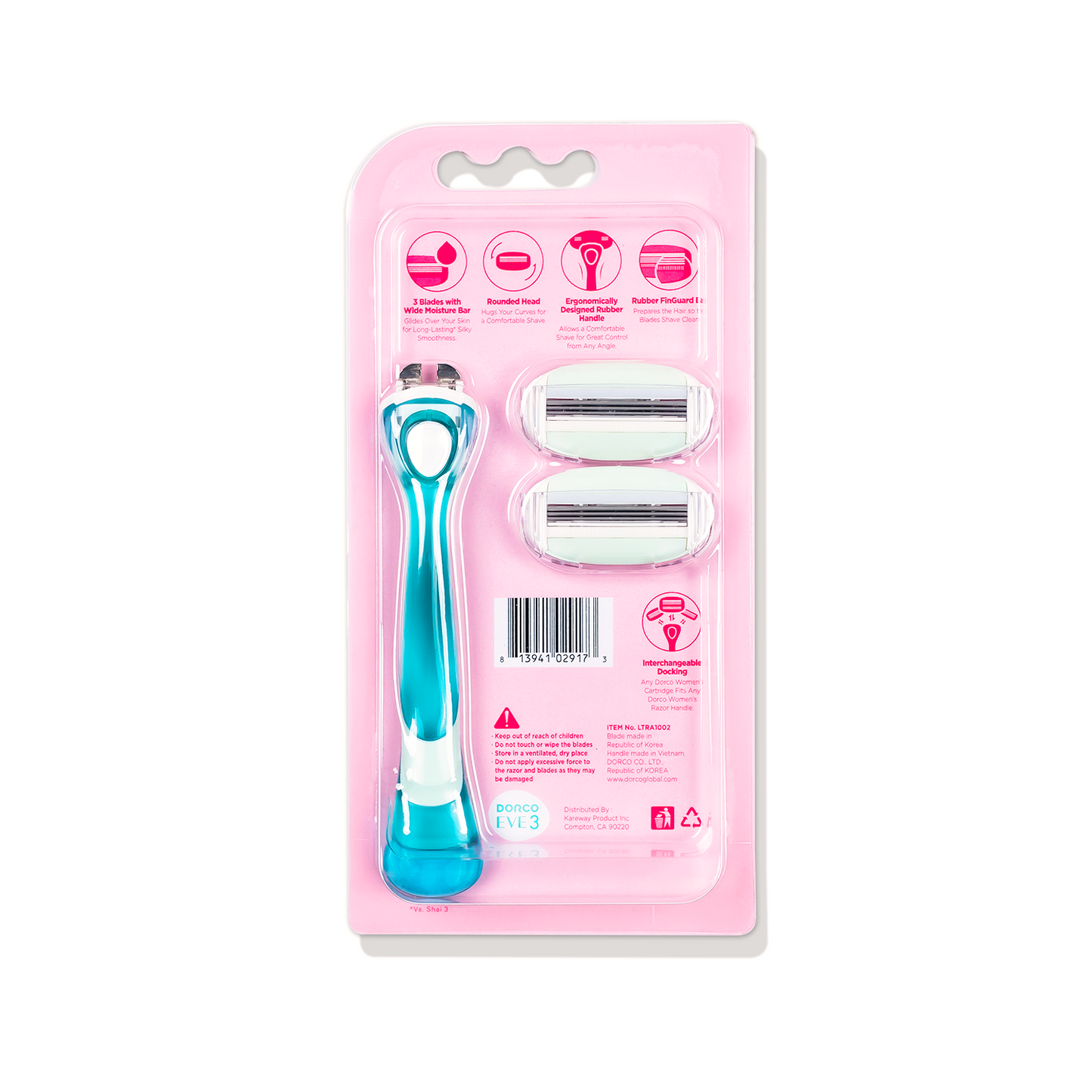 Dorco Eve 3 Razor for Women, 1 Handle + 2 Cartridges
