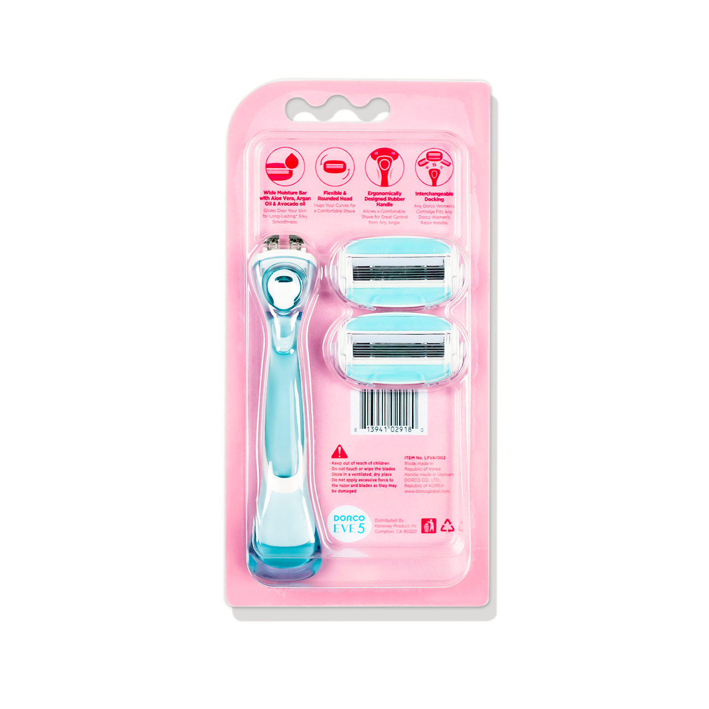 Dorco EVE 5 Razor for Women, 1 Handle + 2 Razor Cartridges